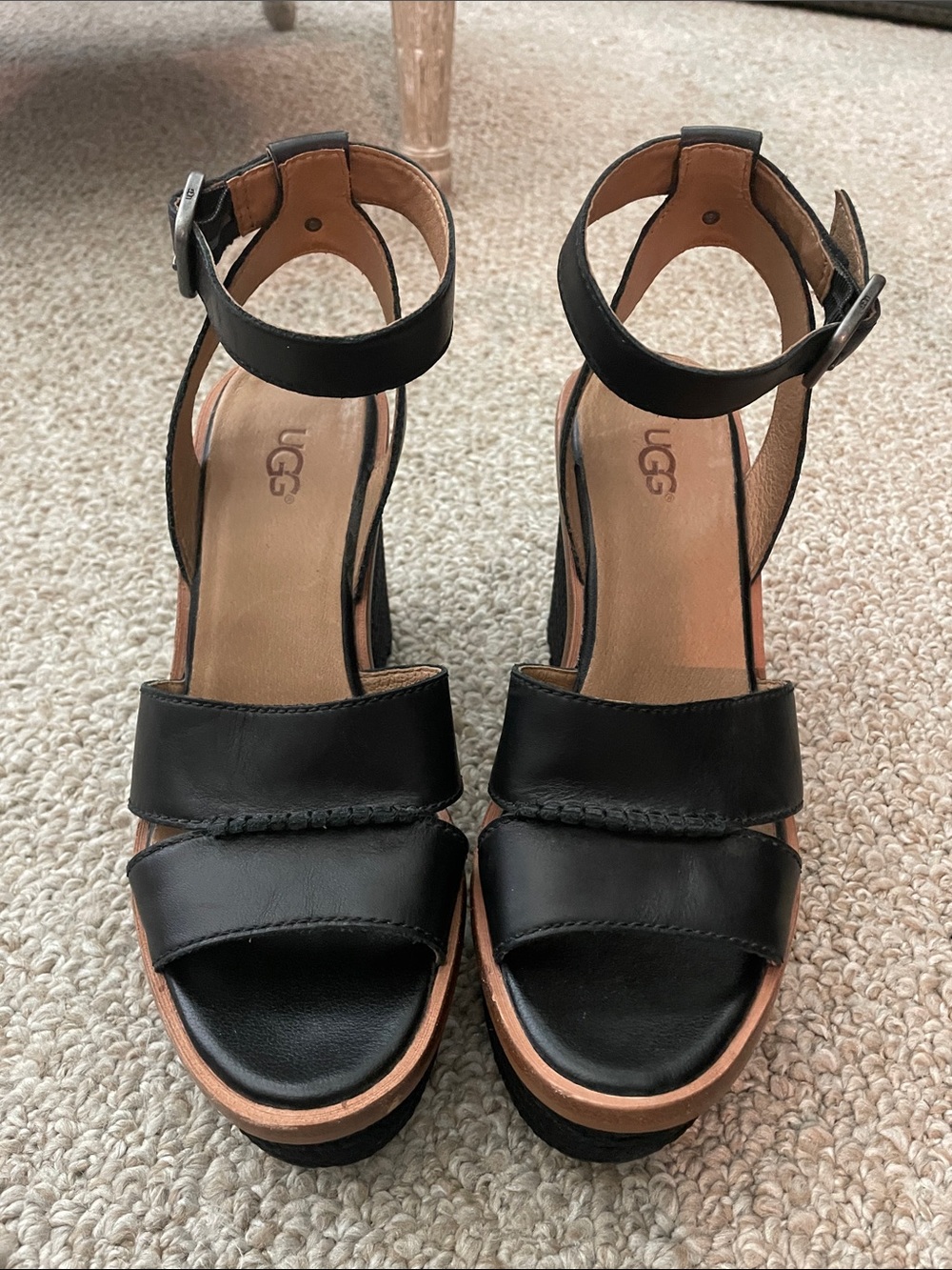 UGG Black Leather Platform Ankle-Strap Sandals